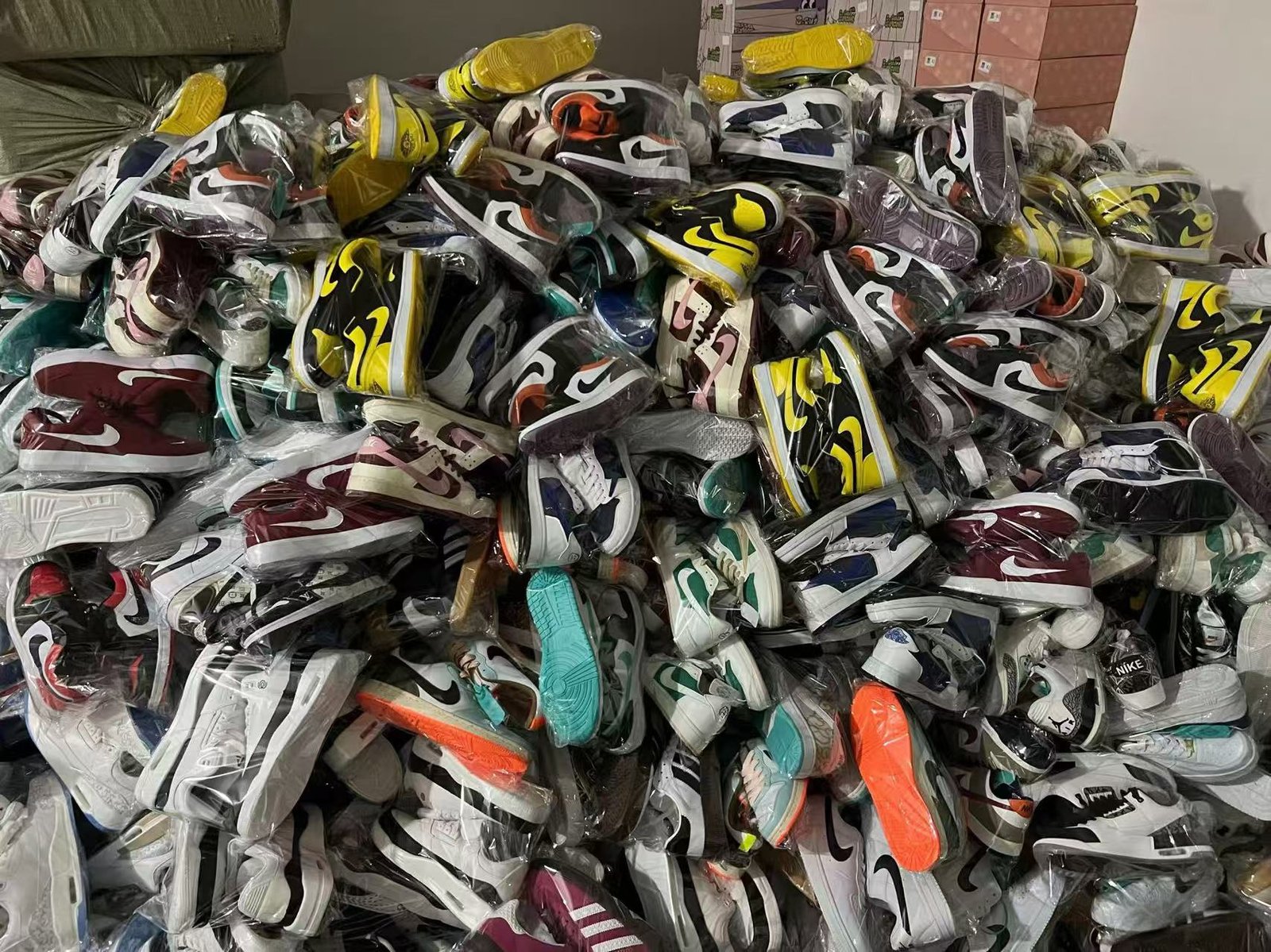 Wholesale sneaker inventory organized for packing